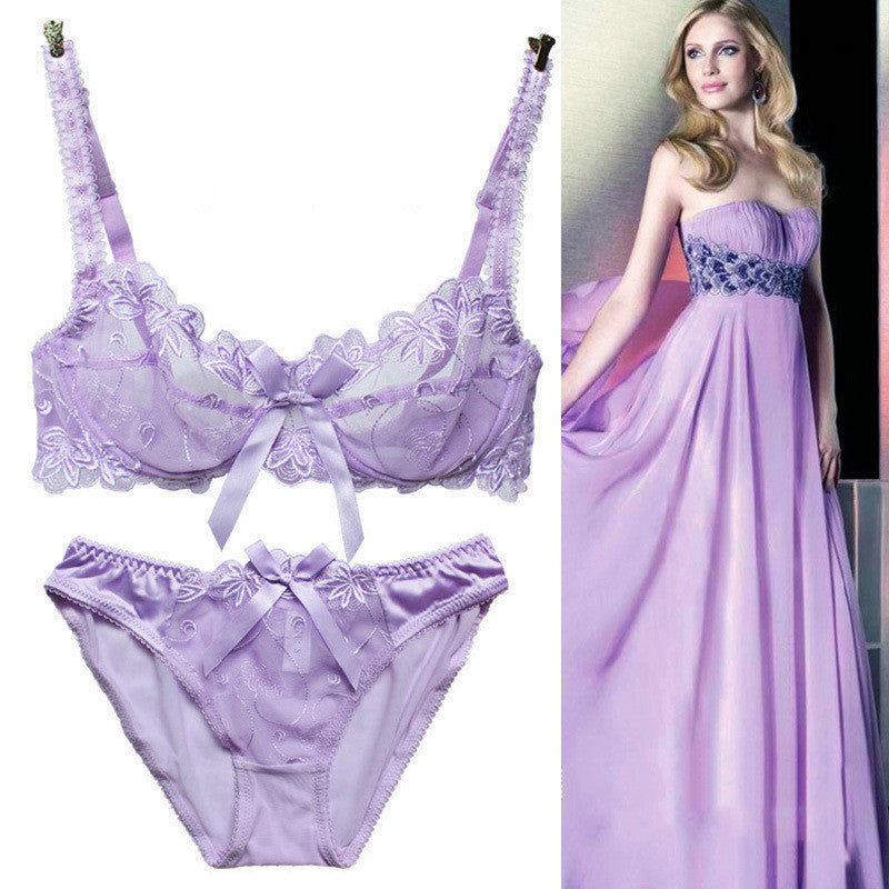 Hot 2015 Free Shipping Fashion transparent sexy bra set plus size Women gauze embroidery ultra-thin navy blue black underwear
