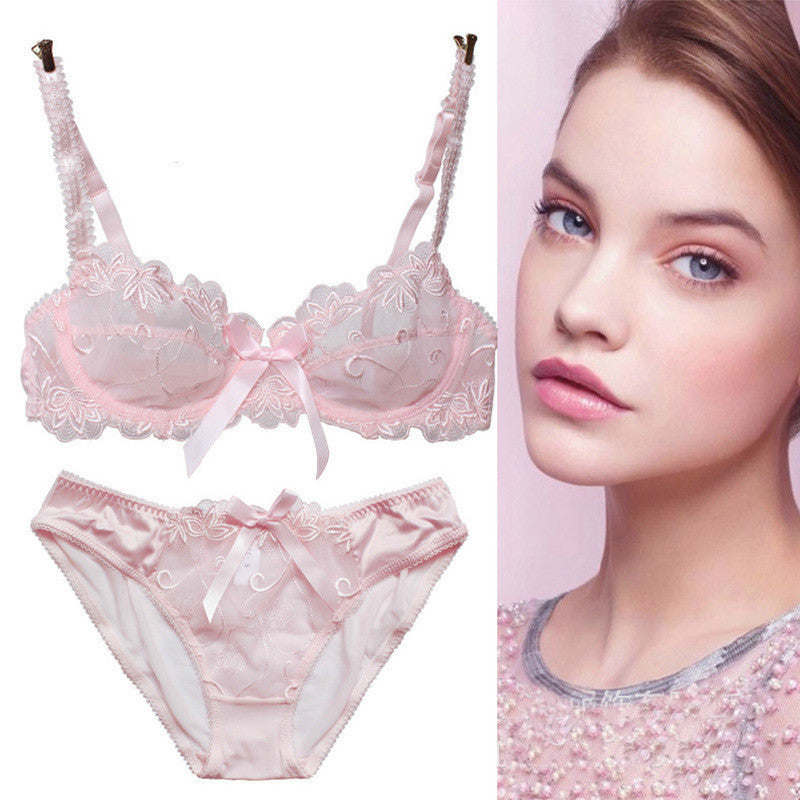 Hot 2015 Free Shipping Fashion transparent sexy bra set plus size Women gauze embroidery ultra-thin navy blue black underwear