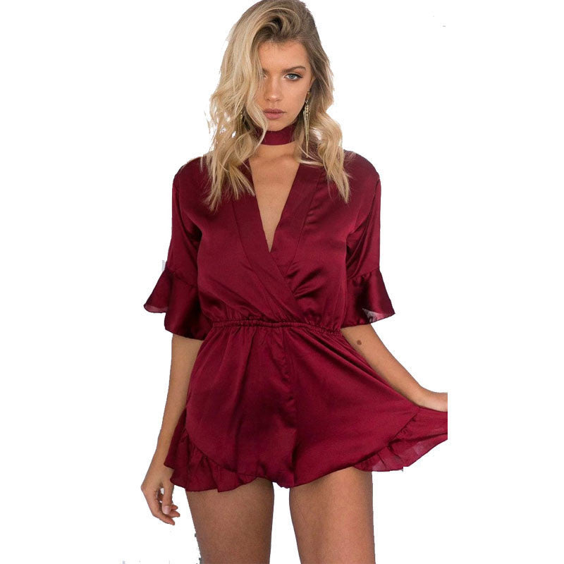 2016 Summer Rompers Womens Jumpsuit  satin ruffles elegant jumpsuit romper Deep v neck sexy Women pink bow short beach overalls