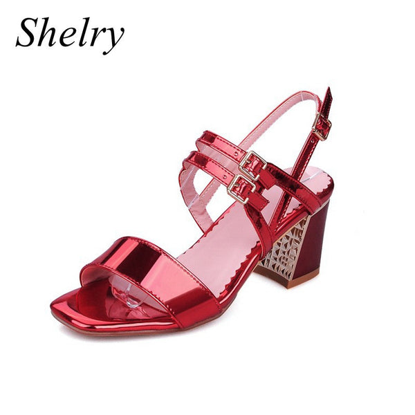 2016 double wide sandals open toe thick high heel women's sandals fashion red bottom women sandals hot sale two strap sandalias