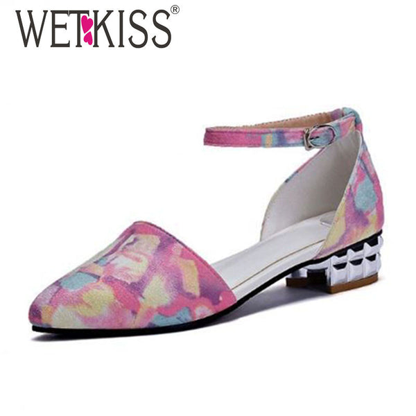 Low Square Heels Pointed Toe Summer Sandals Women Casual Shoes Vintage Ankle Strap Gladiator Flower Print Two pieces Shoe