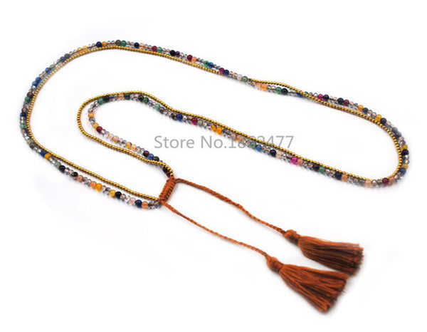 Multi Colored Agate Bead Brown Tassle Long Pendant Necklace With Glass Bead And Brass Bead