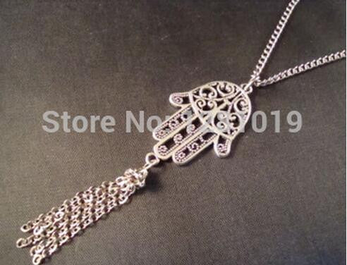 Hot Fashion Vintage Antique Silver Hamsa Hand of Fatima Kabbalah Tassle Pendant Necklace 10Pcs/lot