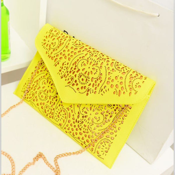 2015 Fashion Vintage women Day clutch Bag Messenger Bags Trend designer handbags Hollow Out envelope Shoulder Bags Clutch yellow
