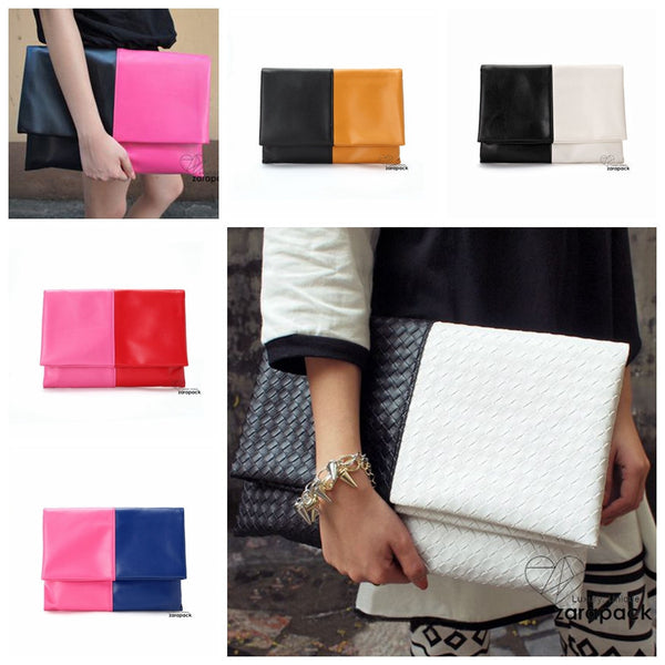 Large  Vintage 2 tone Fold Over Clutch Leatherette Handbag Envelop IT BAG