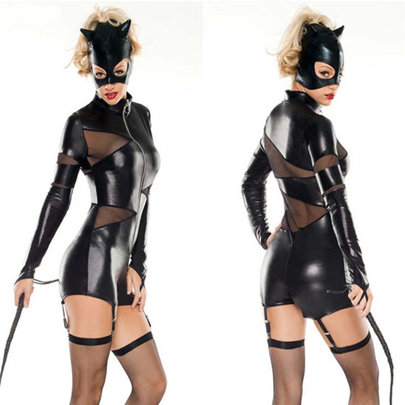 Black Mesh Patchwork Faux Leather Catsuit Catwoman Bodysuit Sexy Lingerie Suit Holloween Cosplay Costume Erotic bar DS Clothing