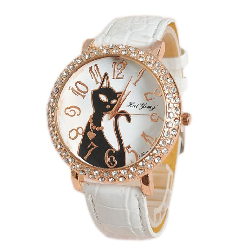 Fashion Sex Kitty Watch Women Quartz Watch Rhinestone Leather Wristwatches Female Hours Dress Watch relogio feminino HY1005