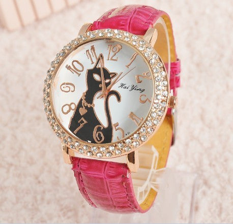 Fashion Sex Kitty Watch Women Quartz Watch Rhinestone Leather Wristwatches Female Hours Dress Watch relogio feminino HY1005