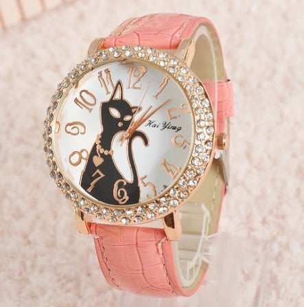 Fashion Sex Kitty Watch Women Quartz Watch Rhinestone Leather Wristwatches Female Hours Dress Watch relogio feminino HY1005