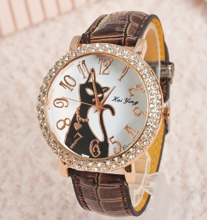 Fashion Sex Kitty Watch Women Quartz Watch Rhinestone Leather Wristwatches Female Hours Dress Watch relogio feminino HY1005