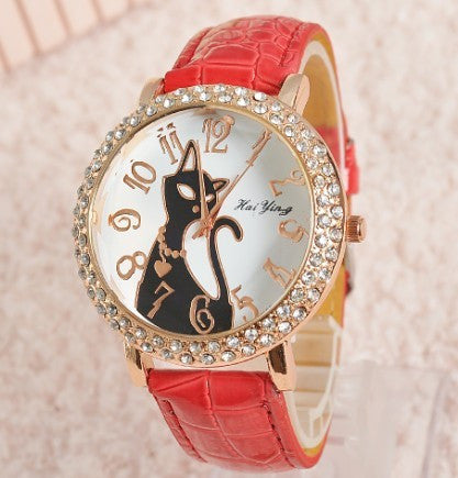 Fashion Sex Kitty Watch Women Quartz Watch Rhinestone Leather Wristwatches Female Hours Dress Watch relogio feminino HY1005