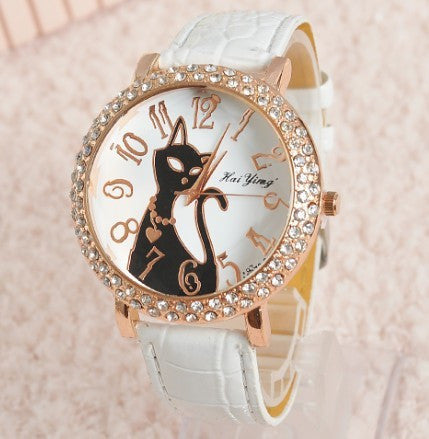Fashion Sex Kitty Watch Women Quartz Watch Rhinestone Leather Wristwatches Female Hours Dress Watch relogio feminino HY1005