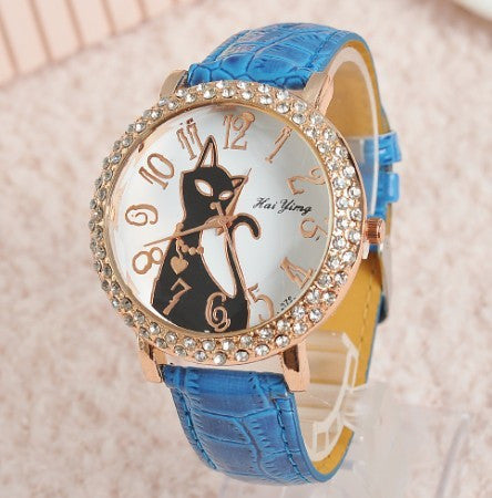 Fashion Sex Kitty Watch Women Quartz Watch Rhinestone Leather Wristwatches Female Hours Dress Watch relogio feminino HY1005
