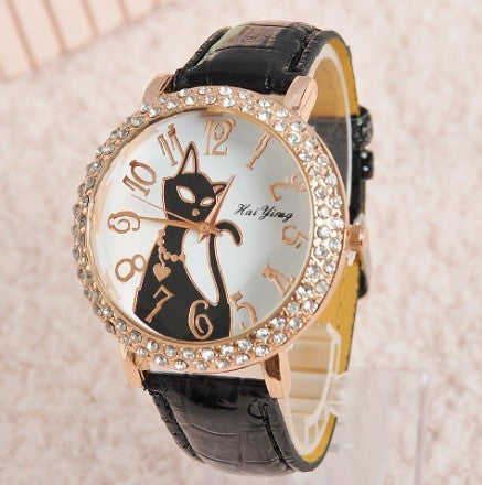 Fashion Sex Kitty Watch Women Quartz Watch Rhinestone Leather Wristwatches Female Hours Dress Watch relogio feminino HY1005