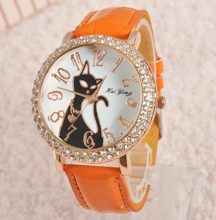 Fashion Sex Kitty Watch Women Quartz Watch Rhinestone Leather Wristwatches Female Hours Dress Watch relogio feminino HY1005