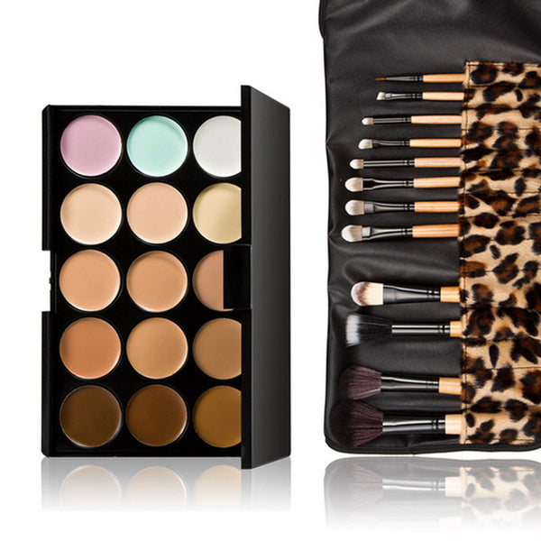 2016 New arrival 15 Colors Contour Face Cream + 12pcs Leopard Brushes