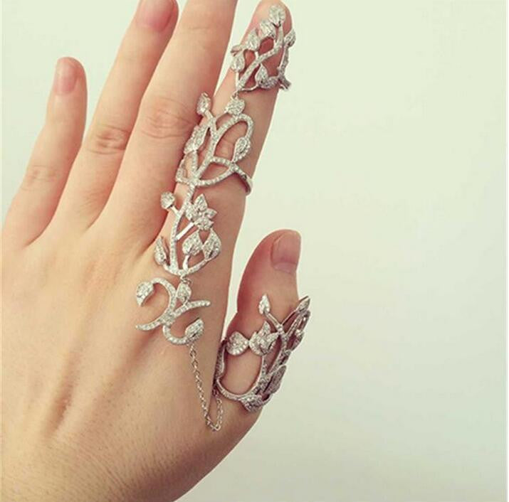 Women Romantic Leaves Double Finger Rings for Women Piercing Hollow Carved Ring