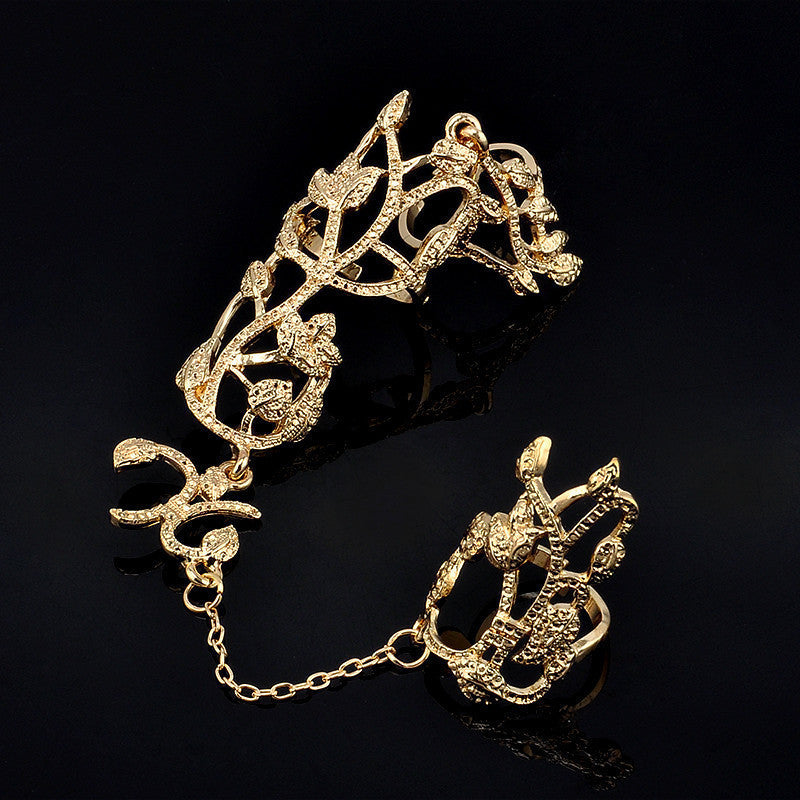 Women Romantic Leaves Double Finger Rings for Women Piercing Hollow Carved Ring