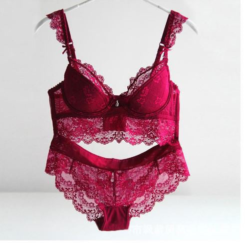 Women's Sexy Bra Set Ultra-thin Red Lace Bra Brief Sets Plus size Brassiere Push up Bra and Panties Female Underwear Set