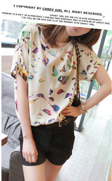T Shirt Women 2016 Summer Bird Printed Women Tops Short Sleeve Female T-shirts Plus Size Tshirt Chiffon Tee Shirt Femme