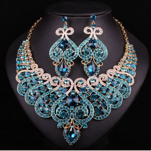 Bridal Jewelry Sets Wedding Necklace Earring For Brides Party Accessories Gold Plated Crystal Sapphire Decoration Women