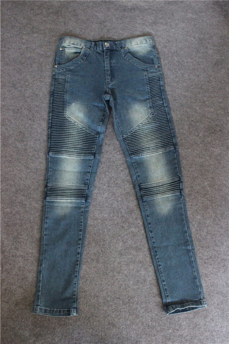 Mens Skinny jeans men 2016 Runway Distressed slim elastic jeans denim Biker jeans hiphop pants Washed black jeans for men blue