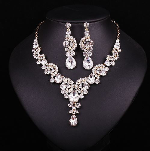 Fashion Sapphire Rhinestone Bridal Jewelry Set Wedding Prom Party Accessories Gold Plated Necklace Earring Set For Brides Women